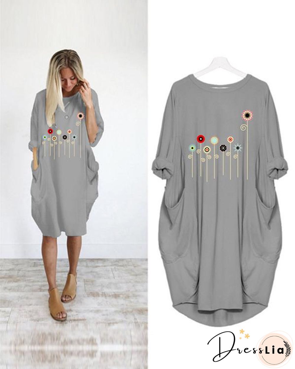 Flower Printed Casual Plus Size Midi Dress