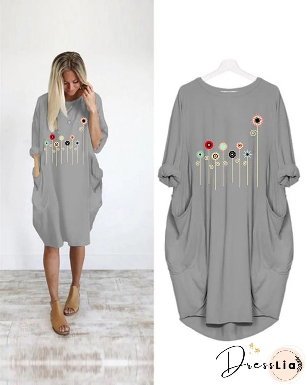 Flower Printed Casual Plus Size Midi Dress