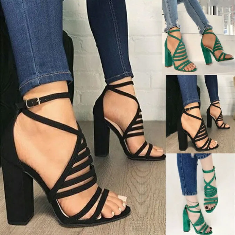 Women's Summer Cross Suede Strap Open Toe Buckle Solid Color High Heel Sandals