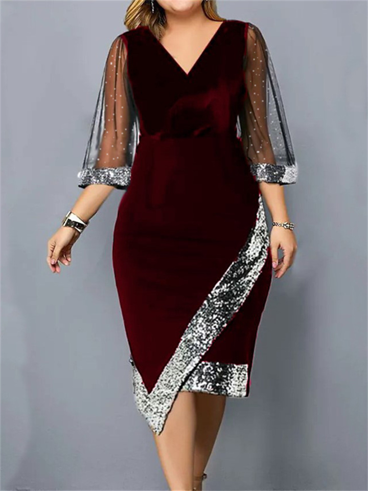Golden Velvet Temperament Elegant V-neck Irregular Sequin See-through Mesh Ladies Dresses