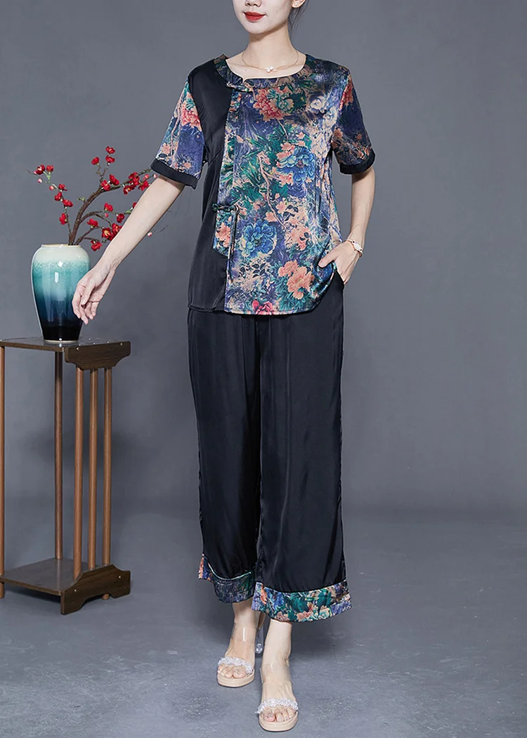 Women Blue Print Patchwork Silk Two Pieces Set Summer