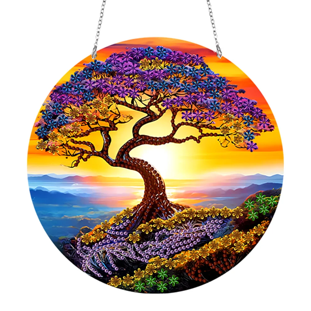 DIY The Cliff Tree of Life Suncatcher Double Sided Diamond Painting Art Hanging Decoration