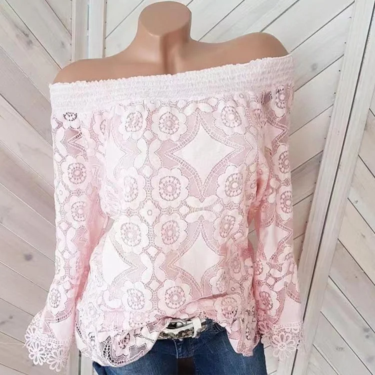 Lace Floral Flare Sleeve Smocked Off Shoulder Blouse