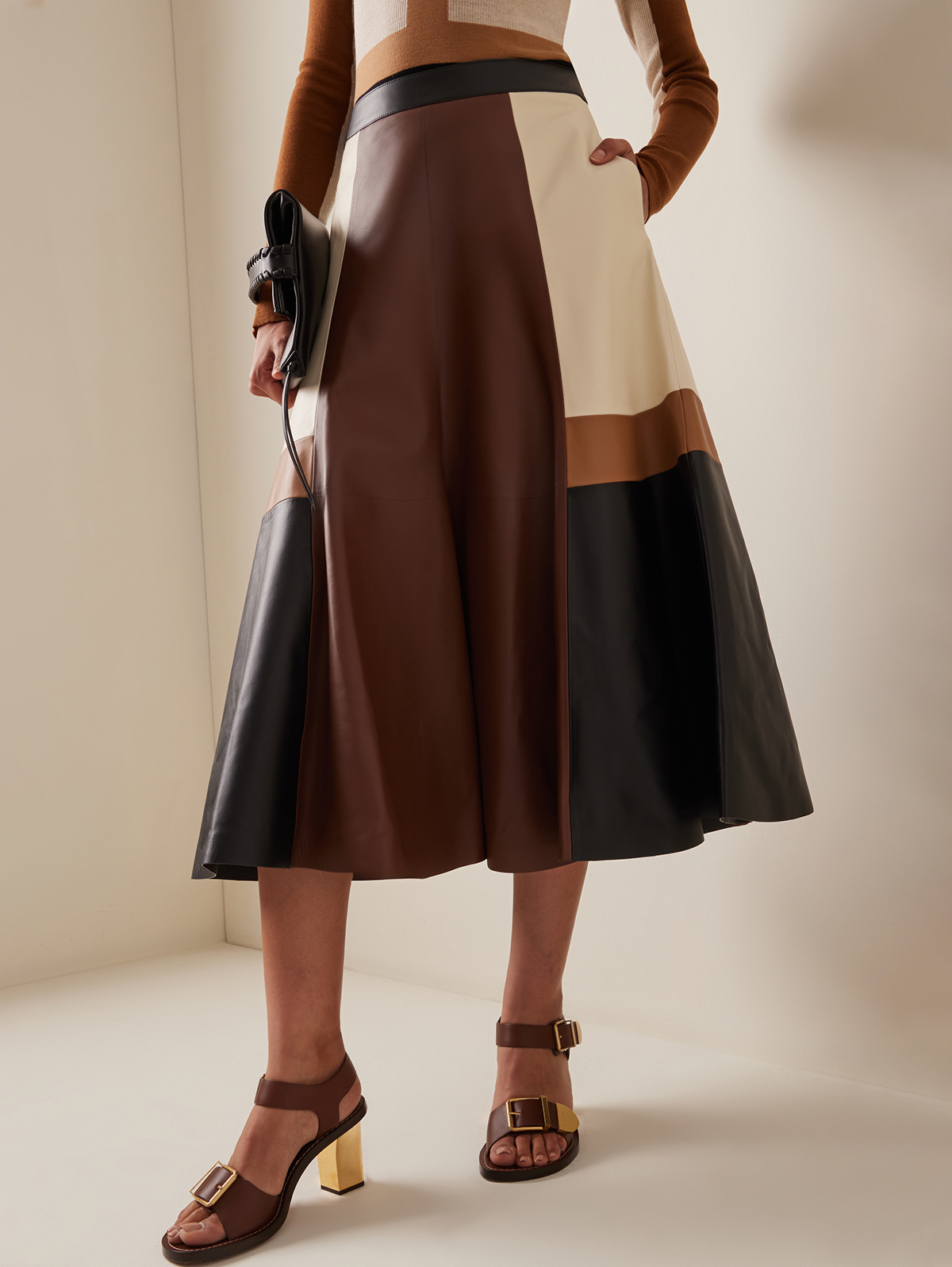 PU Leather Pocket Color Blocks Midi Skirt