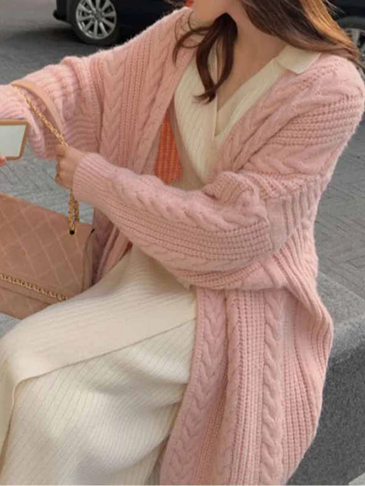 Daily Dropped Shoulder Long Sleeve Textured Knit Oversized Solid Cardigan