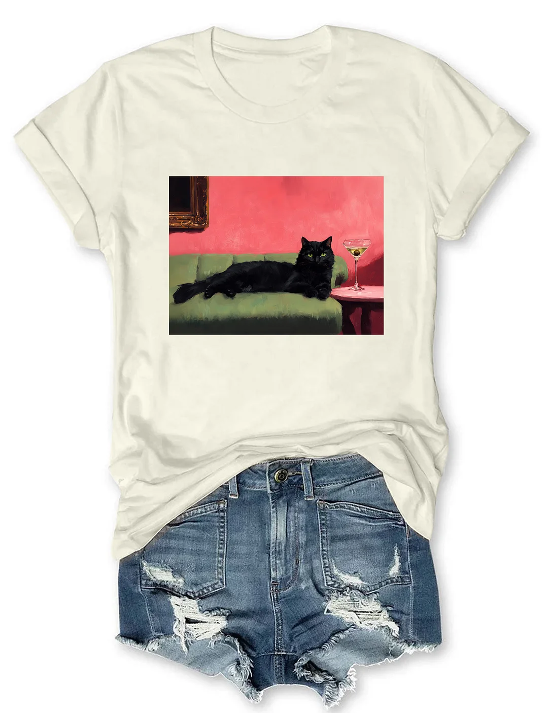 Black Cat With Martini Art T-shirt