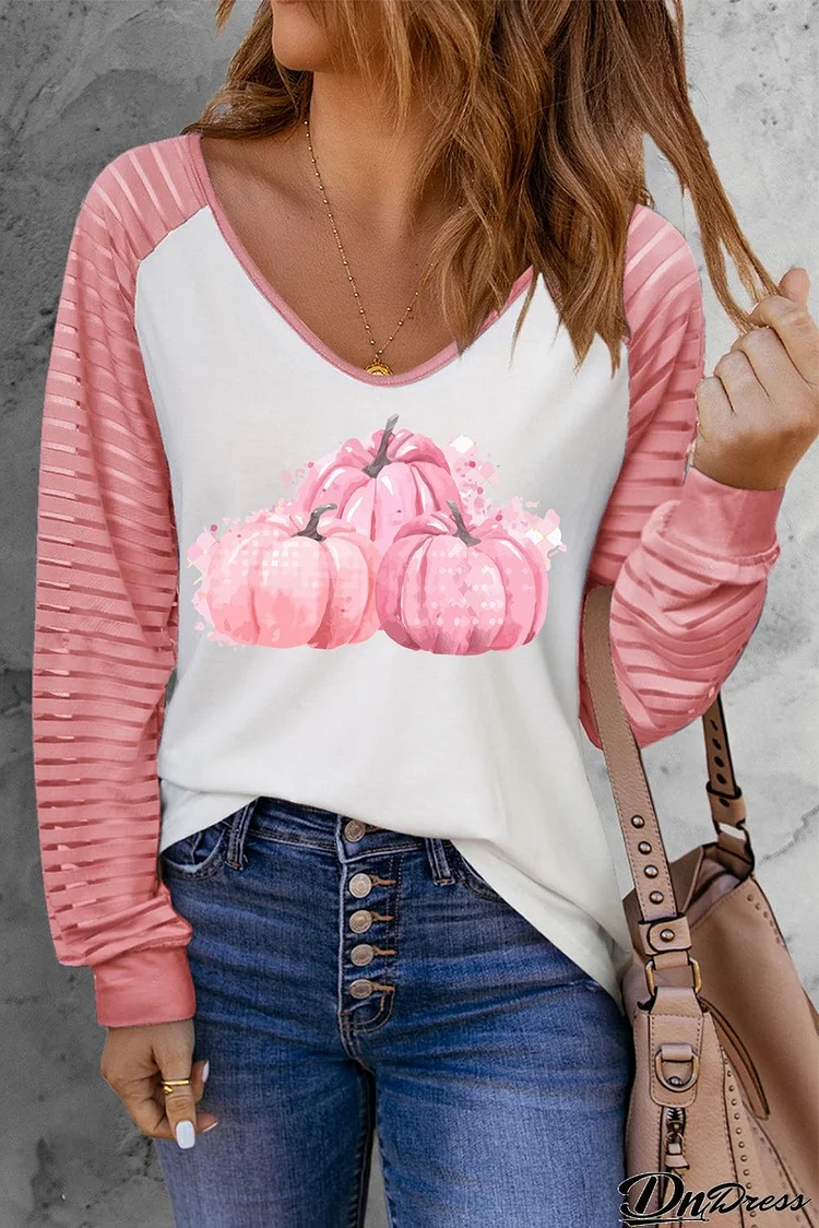 Pumpkin Print Sheer Striped Long Sleeve Top