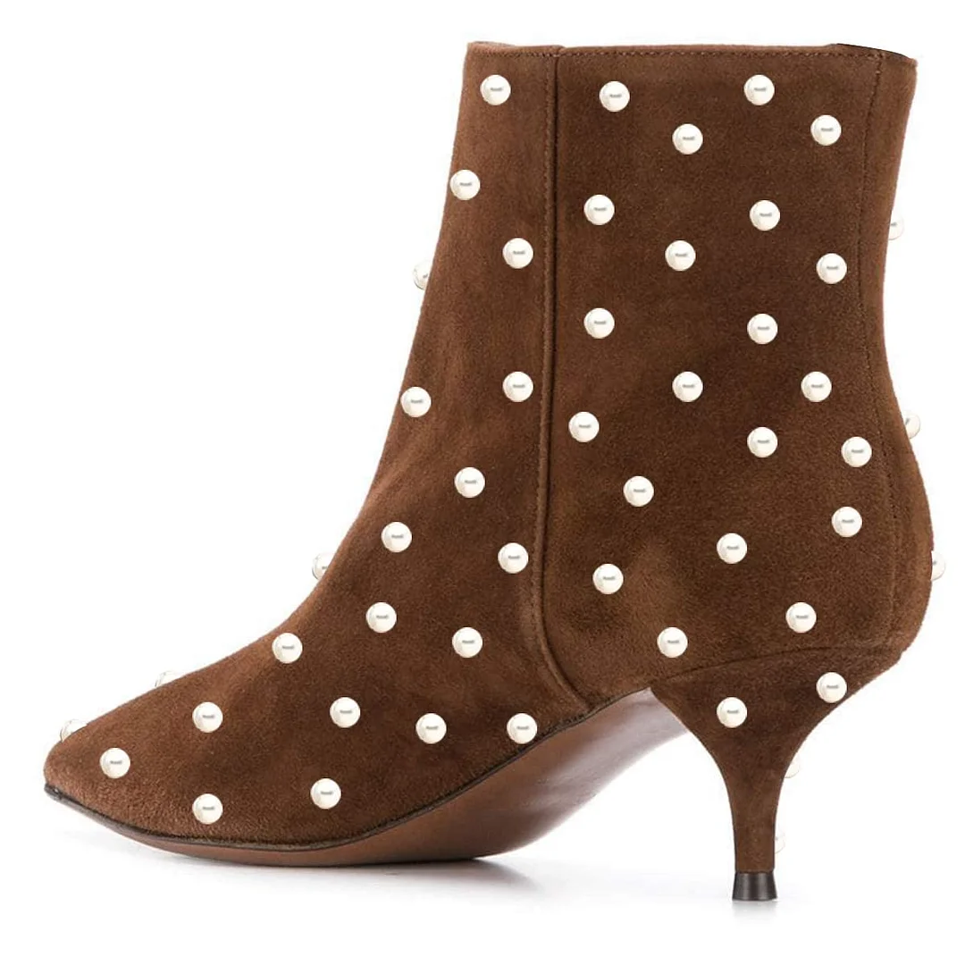 Brown Vegan Suede Pointed Toe Pearl Decor Kitten Heel Ankle Boots