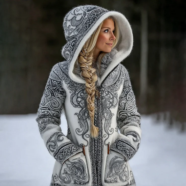 Women's Vintage Viking Celtic Pattern Cozy Zipper Hooded Jacket