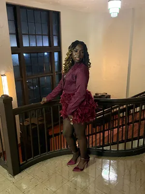 Lapel Collar Long Sleeve Feather Decor Mini Dresses-Burgundy