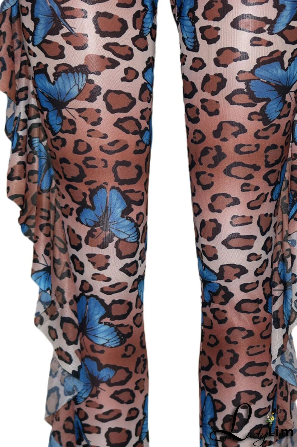 Pink Sexy Print Split Joint Flounce Halter Sleeveless Two Pieces