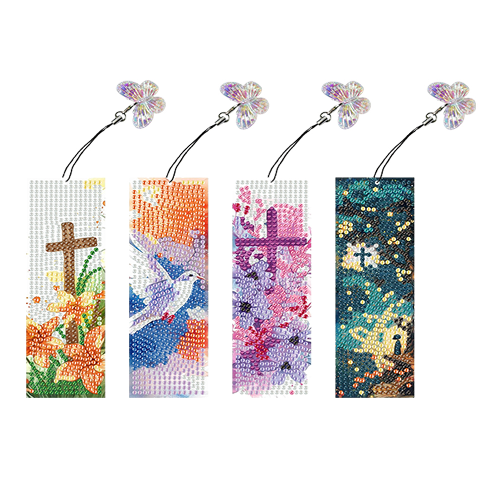 4Pcs Special Shaped Cross Dove 5D DIY Diamond Painting Book Mark for Beginners