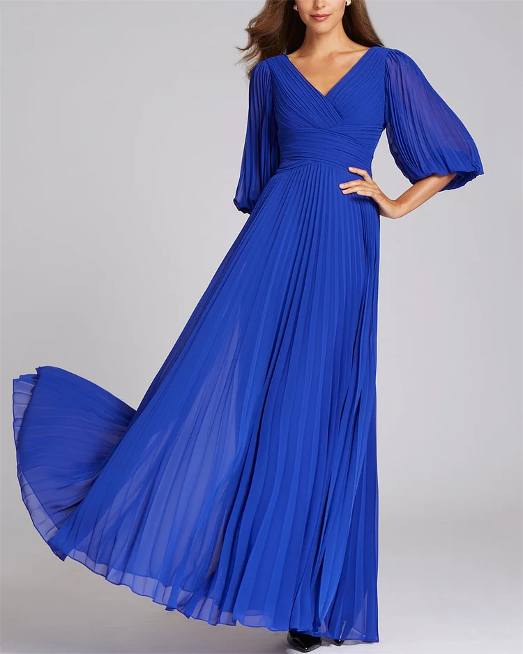 Women's Blue V-neck Chiffon Dress - 01