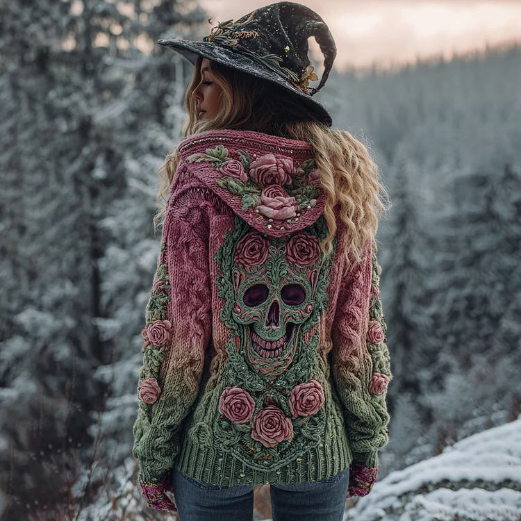 Women's Viking Tribal Jacquard Celtic With Red Rose And Skull Inspired Cozy Knitted Hooded Cardigan