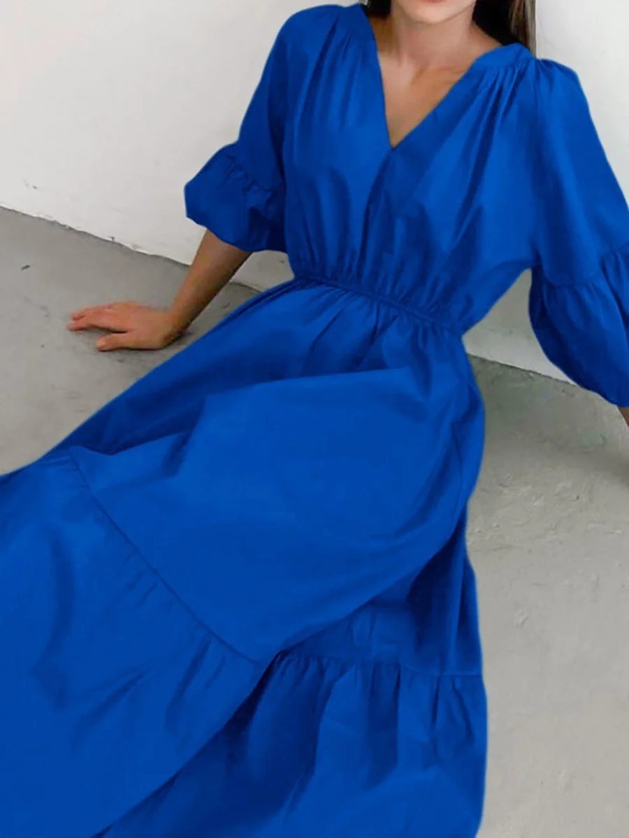 Solid V-Neck Puff Sleeve Midi Dress