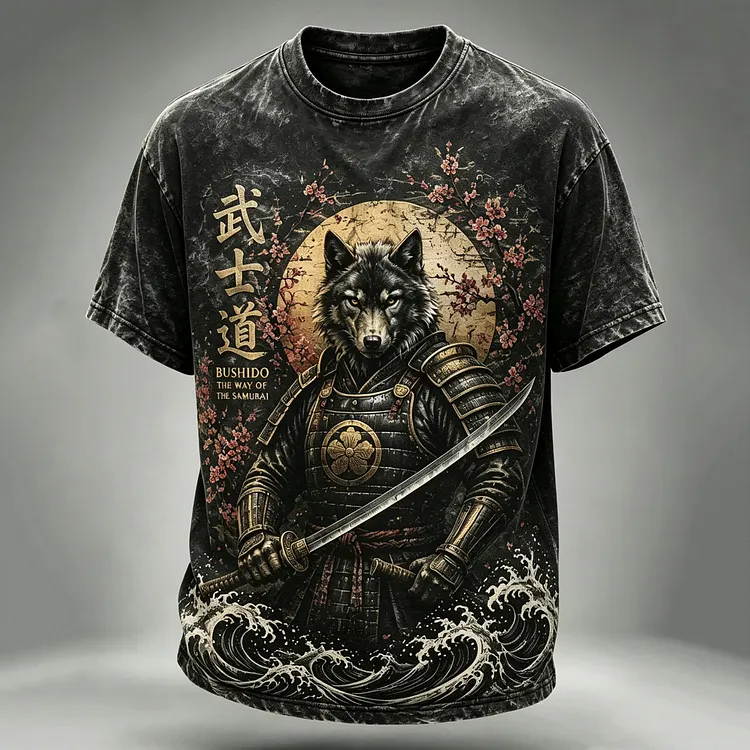 Men's Retro Wolf Samurai With Cherry Blossoms Print Casual Washed T Shirt