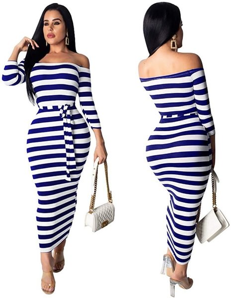 New Women's Fashion Off Shoulder Long Sleeve Midi Skirt Slim Stripe Party Dress Bodycon Dress - Shop Trendy Women's Clothing | LoverChic
