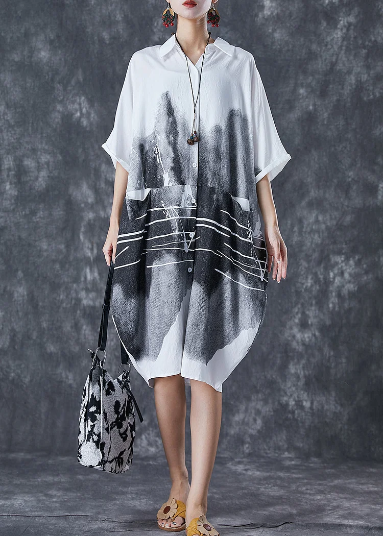 White Patchwork Cotton Dresses Inkwash Painting Summer