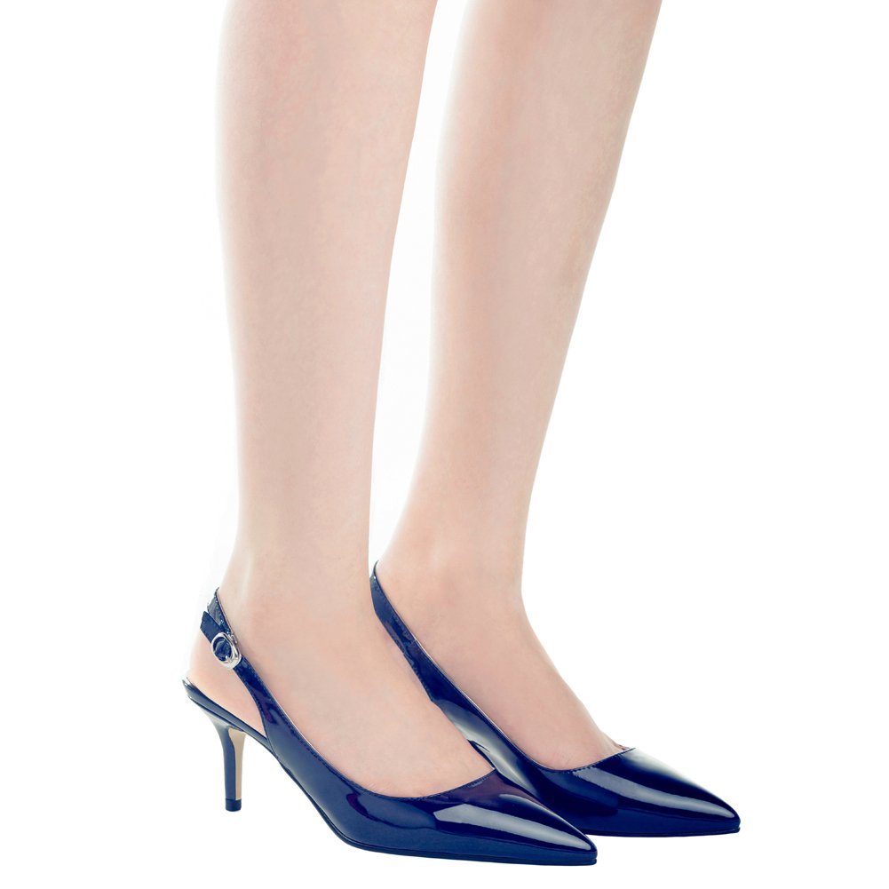 Women's Pointed Toe Slingback Shoes Kitten Heel Pumps Comfortable Dress Blue Patent Shoes-vocosishoes