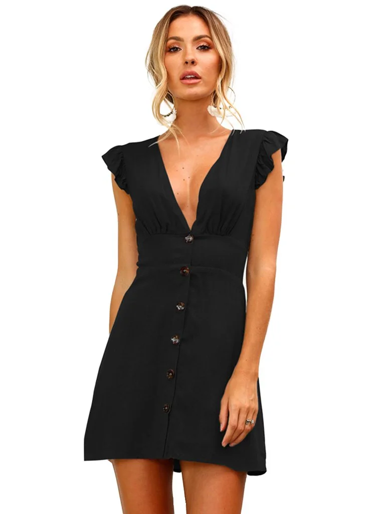 Woman Dress Button Decor V-neck Elastic Waist Mini Dress