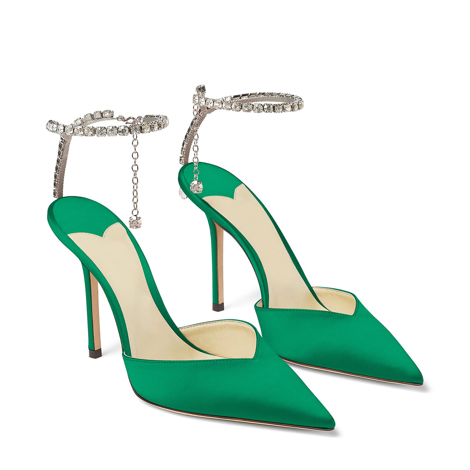 100mm Women's Sandals Crystal Chain Ankle Straps Rhinestones Buckle Heels Stiletto Satin Dress Shoes-vocosishoes