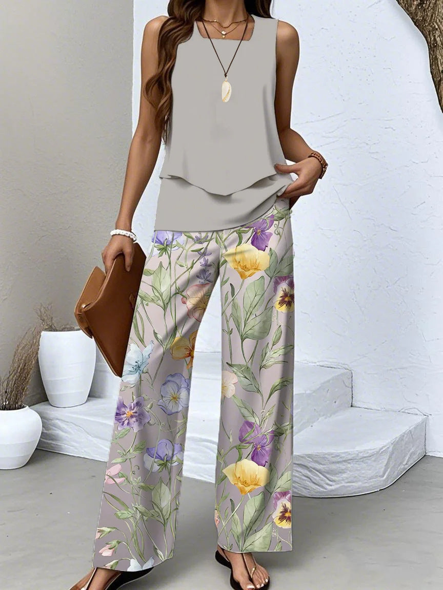 Women's Sleeveless Square Collar Floral Printed Casual Set