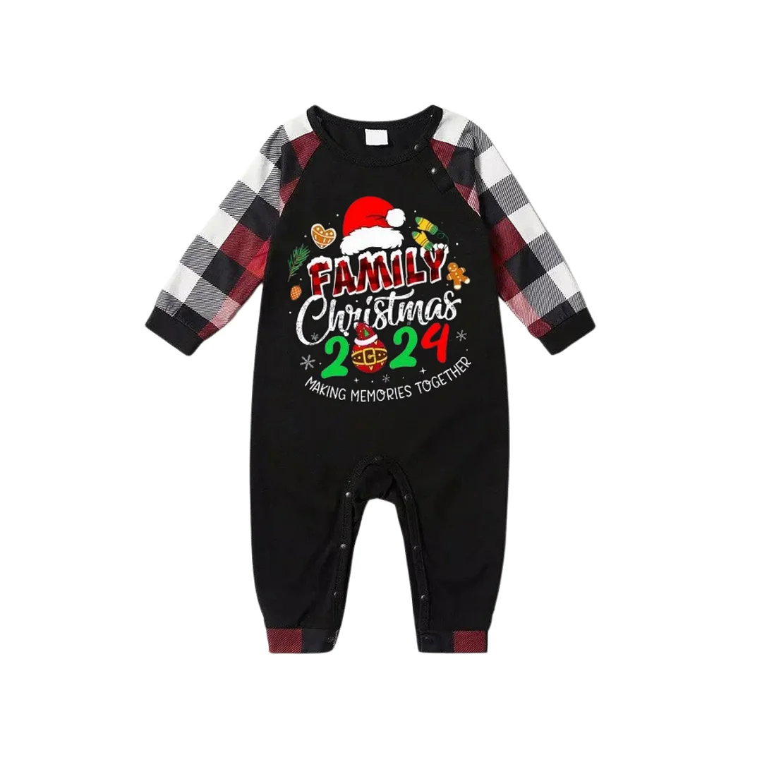 Santa Hat And "Family Christmas 2024 " Colorful Text Printed Pattern - Black Top with Red&Black&White Plaid Sleeves - Family Matching Pajamas