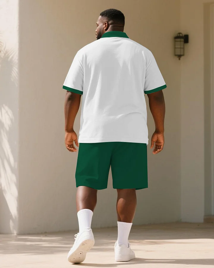 Men's Plus Size Green Geometric Colorblock Letter Print Short Sleeve Polo Shirt Shorts Suit
