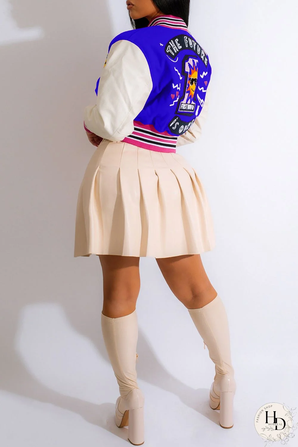 Blue Casual Print Patchwork O Neck Outerwear