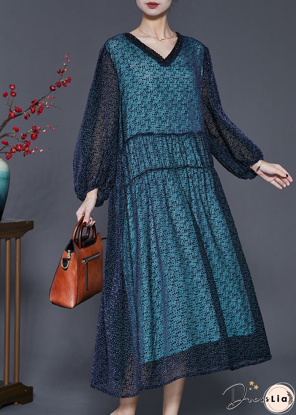 Handmade Blue V Neck Print Silk Maxi Dresses Spring