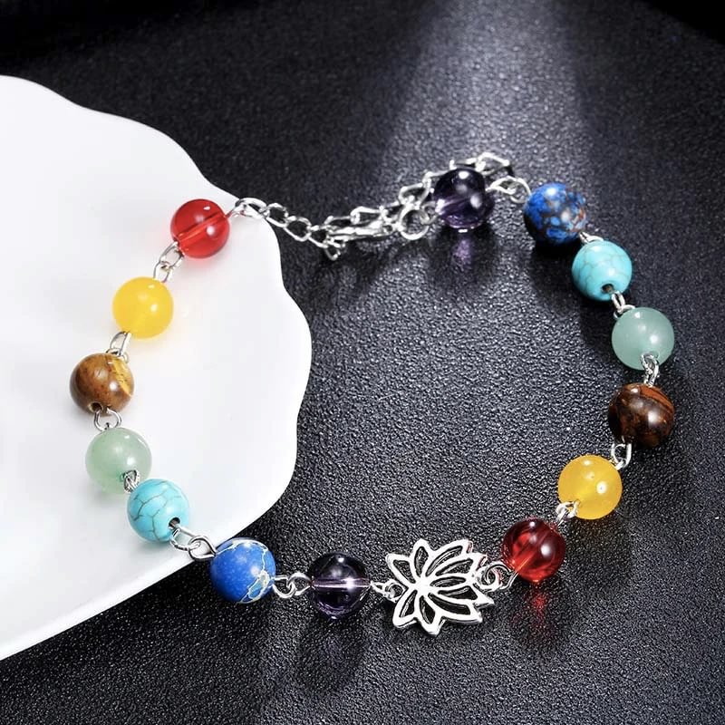 Adjustable Silver Lotus 7 Chakra Natural Stones Anklet