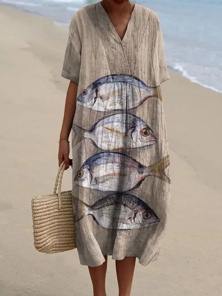 Women's Vintage Lovely Fish Art Print Flowy Dress