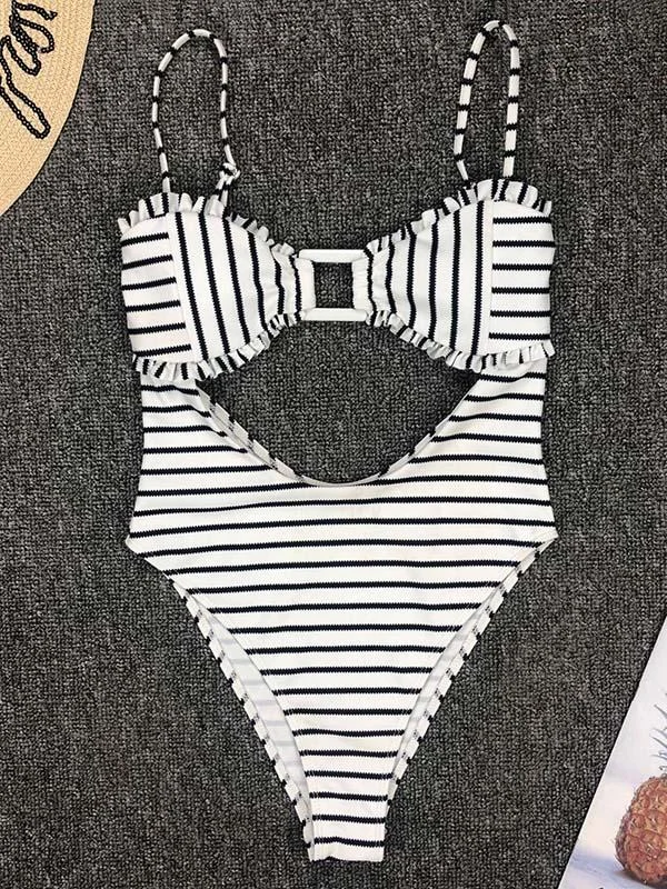 Stripes-Print Hollow One-Piece Swimwear