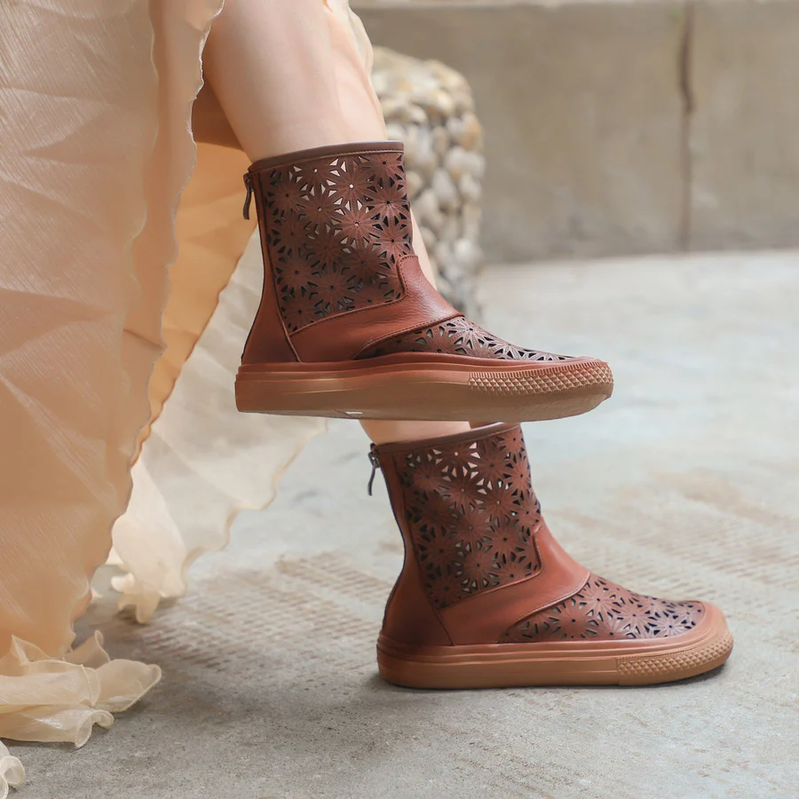 Handmade Genuine Leather Summer Boots Cut Out Breathable Zip Short Boots