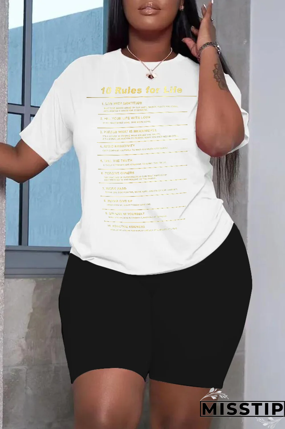 Black Casual Print Letter O Neck T-Shirts