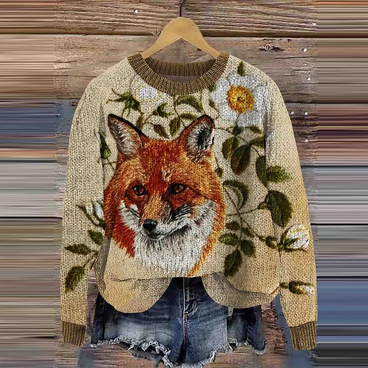 Falling Fox Embroidery Pattern Cozy Knit Sweater