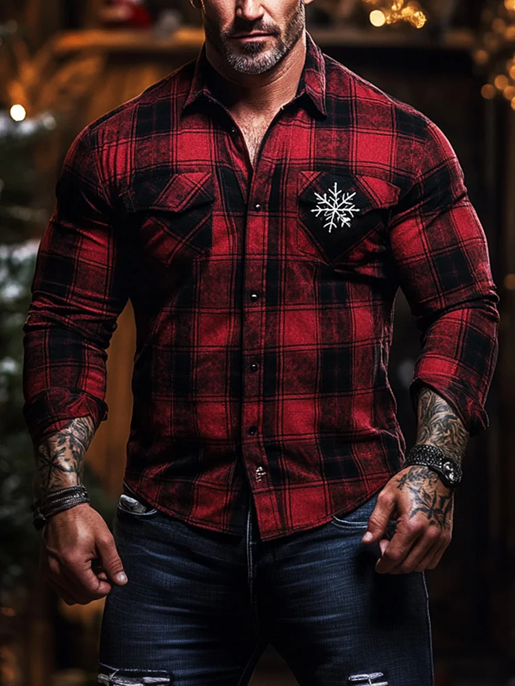 Men's Snowflake Plaid Long Sleeve Shirt