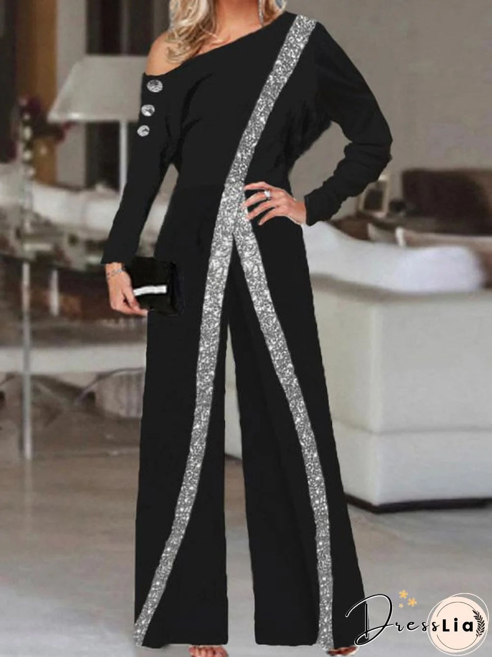 Women's Jumpsuits Sequin Paneling Slanted Shoulder Long Sleeve Wide Leg Jumpsuit