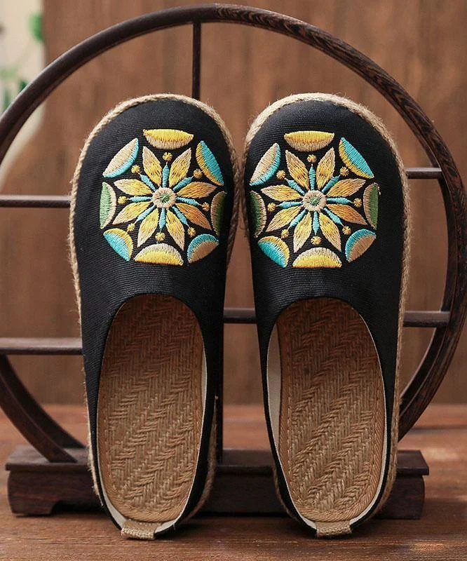 Black Embroideried Cotton Linen Slippers Shoes