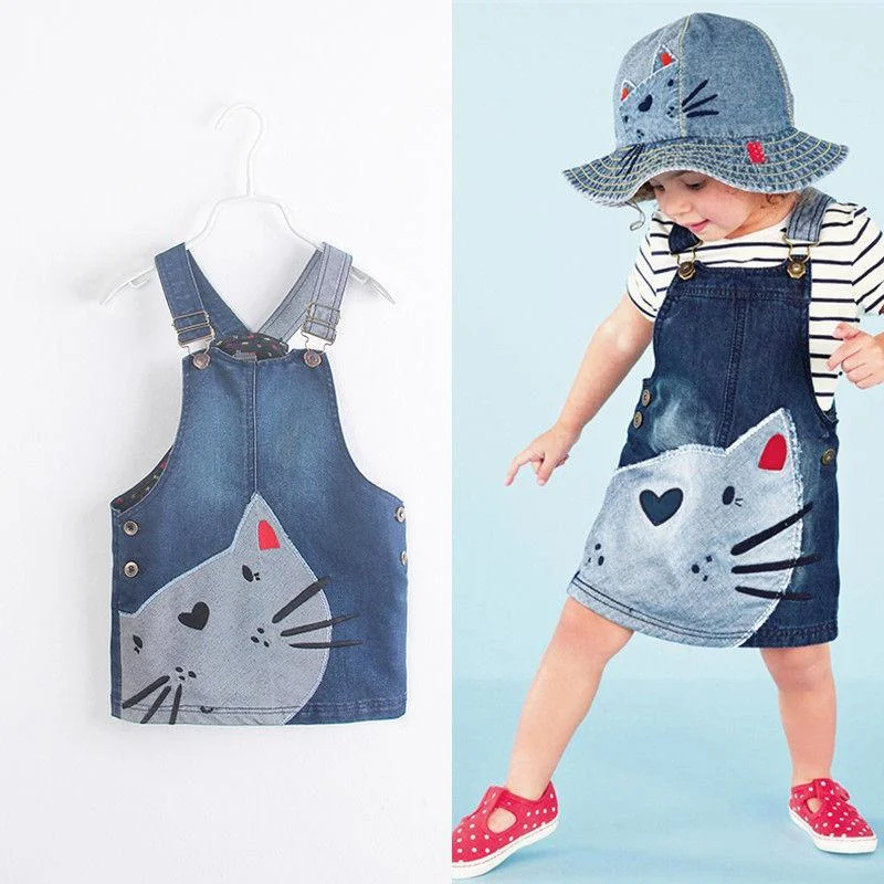 New Toddler Infant Cute Cat Pattern Baby Kids Girls Casual Denim Jeans Overalls Dress Clothes