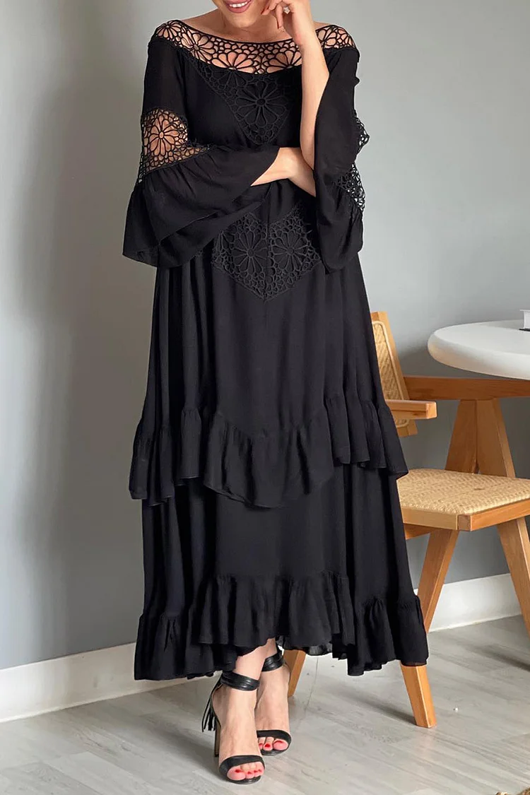 Hollow Out Patchwork Ruffled Flare Sleeve Linen Maxi Dresses [Pre Order]