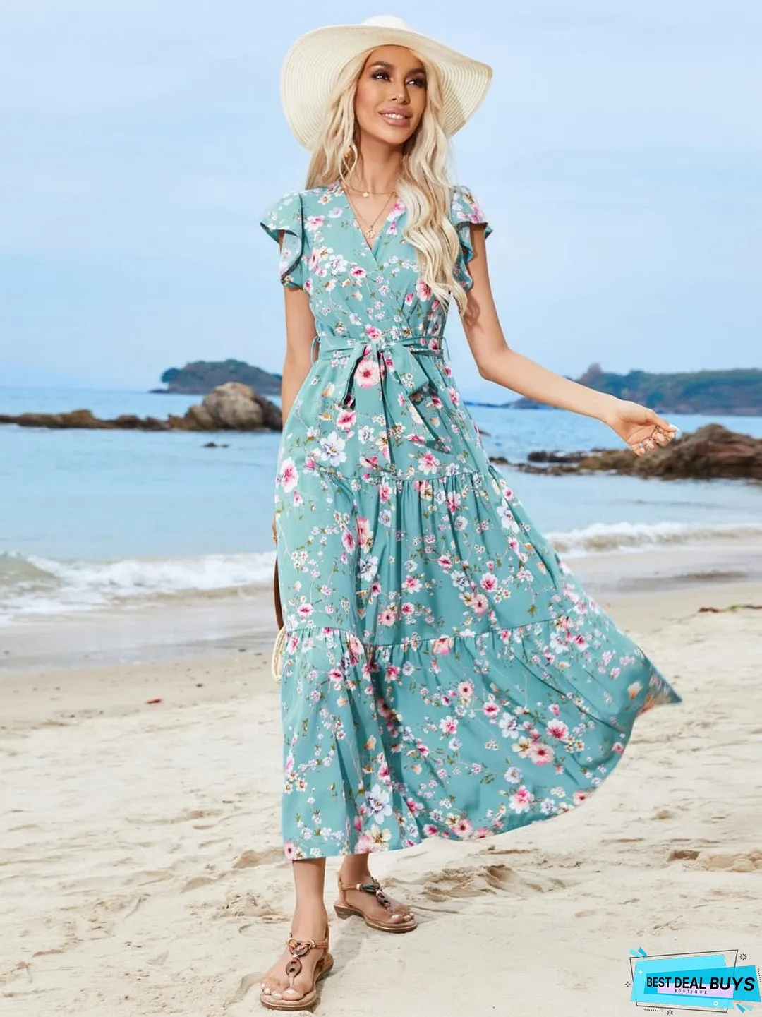 Ruffled Printed Surplice Cap Sleeve Midi Dress