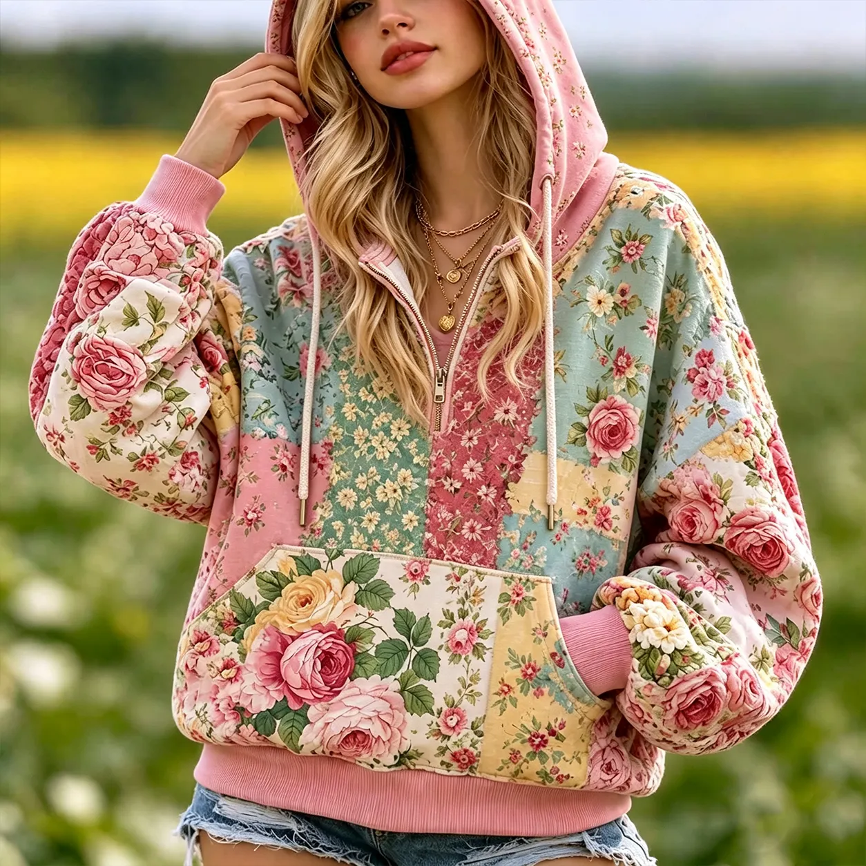 Comstylish Women's Retro Bohemian Floral Patchwork Comfortable Warm Zip-up Hoodie