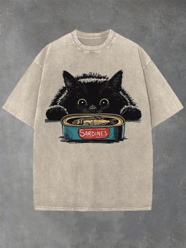 Men's Black Cat And Canned Sardines Print Cotton Washed T-Shirt