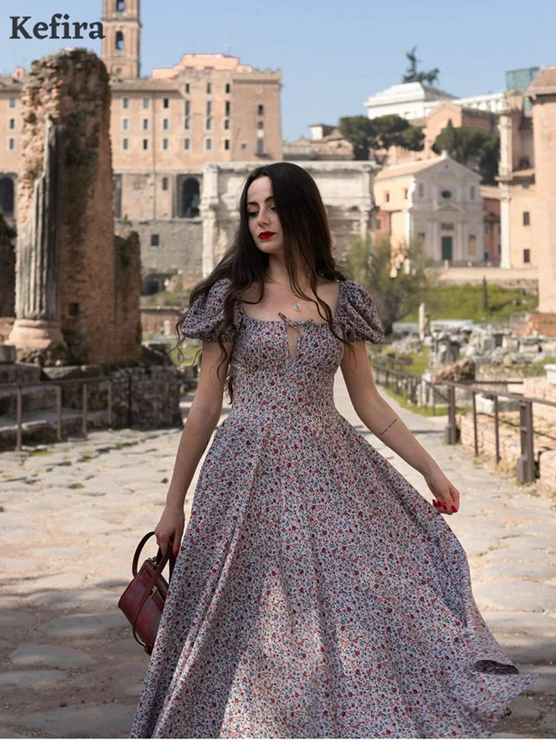 Kefira Sexy Floral Print Dress Women Short Puff Sleeve Ruched Drawstring Sundress Elegant High Split Vintage Casual Maxi Dresses