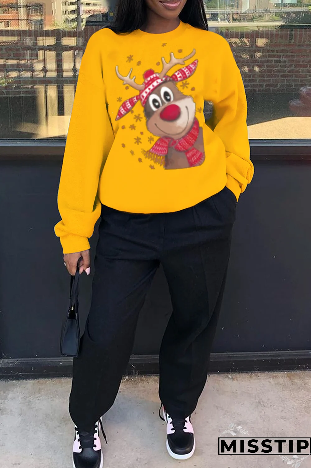 Black Casual Street Print Wapiti Patchwork O Neck Tops