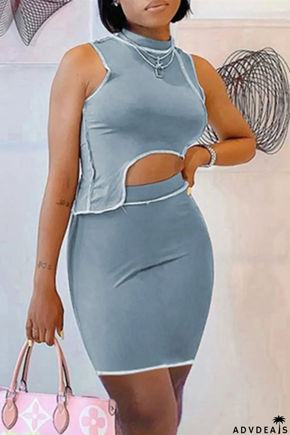 Orange Sexy Casual Solid Split Joint Asymmetrical Half A Turtleneck Sleeveless Two Pieces