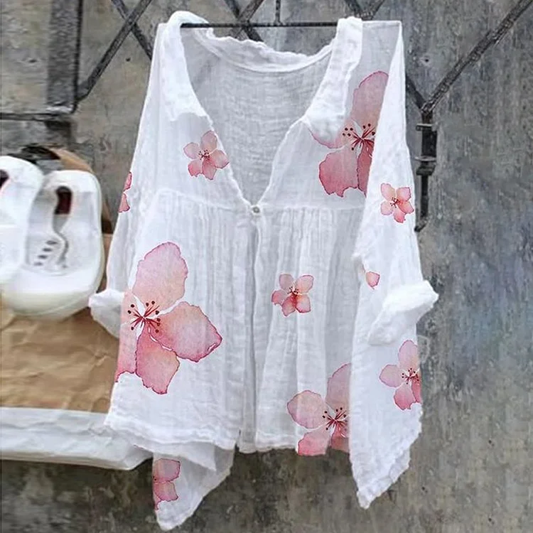 VChics Pink Floral Pattern Ladies Casual Floral Print Cotton Linen Shirt