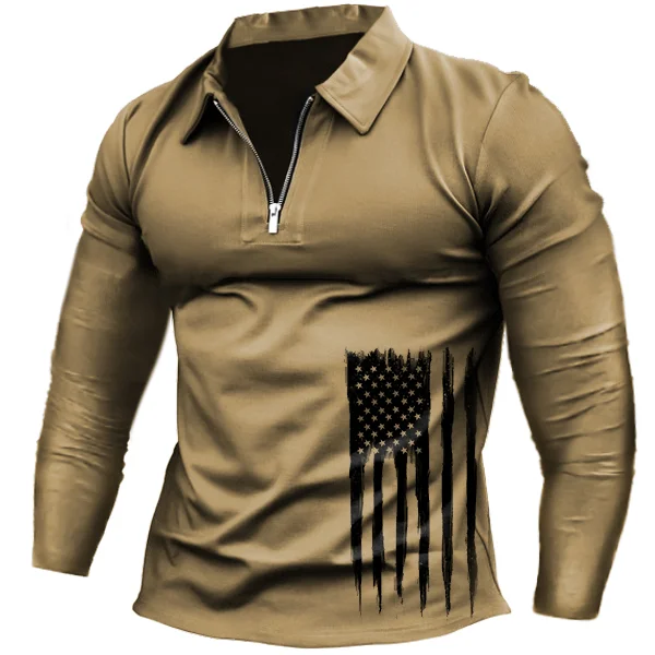 Men's Retro Flag Printed Zipper Long Sleeved Polo Shirt