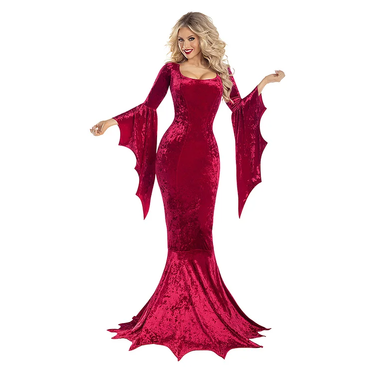 Adult Women Medieval Rose Red Bat Vampire Dress Halloween Cosplay Costumes Gothic Carnival Suit